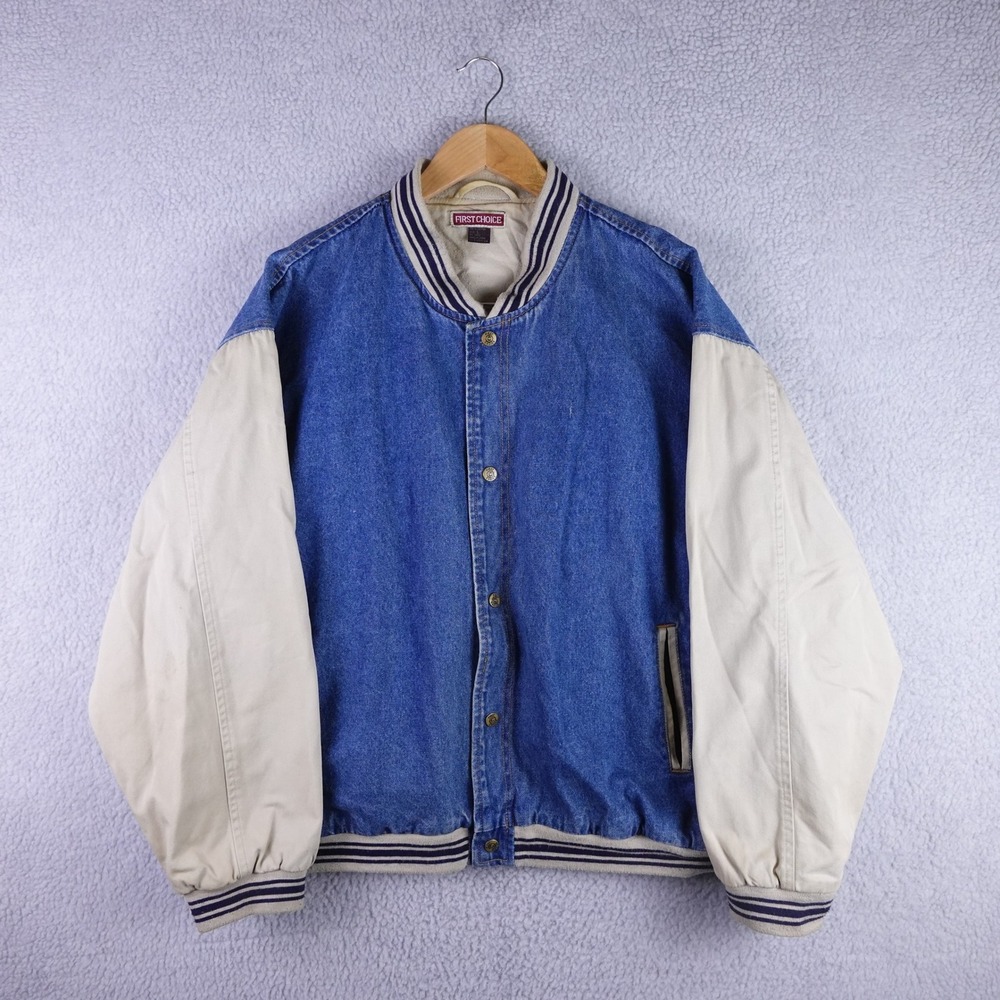First Choice Mens Denim Varsity Jacket Blue Cream Two Tone Cotton Large Vintage